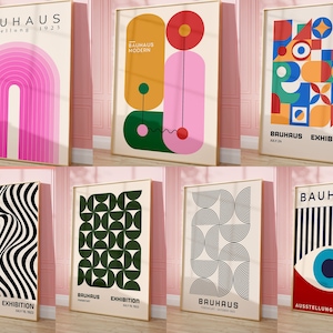 May include: A collection of eight Bauhaus-style posters featuring geometric shapes and patterns in black, white, red, blue, green, and yellow. The posters include the text "Bauhaus" and "Ausstellung" in German.