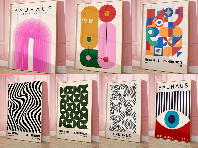 May include: A collection of eight Bauhaus-style posters featuring geometric shapes and patterns in black, white, red, blue, green, and yellow. The posters include the text "Bauhaus" and "Ausstellung" in German.