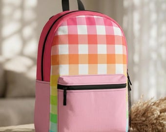 Personalized Laptop Backpack Pastel Gingham Rainbow Aesthetic School Bag Cute Kawaii Checkered Backpack College Travel Bookbag for Teen Girl