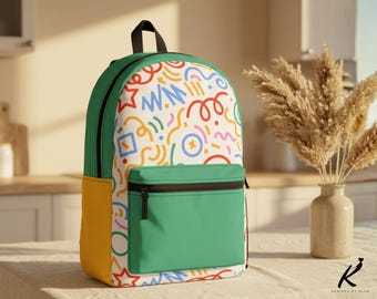 Custom Name Backpack Retro 90s School Bag, Personalized Memphis Style Daypack, Colorful Abstract Doodle Bookbag, Cute Gift for Kids