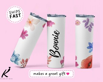 Custom Name Tumbler Colorful Wildflowers, Personalized Floral Travel Mug, Elegant Watercolor Birthday Gift for Her, Aesthetic Botanical Cup