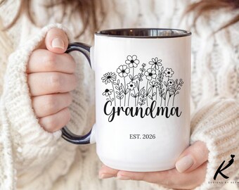 Personalized Grandma Floral Mug, Black and White Botanical Coffee Cup, Custom Nana Gift, Grandmother Mothers Day, Nana Mug, Mimi Gifts
