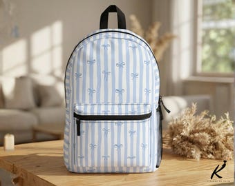 Coquette Bow Backpack for Girls, Aesthetic Striped School Bag, Cute Preppy Kids Backpack, Back to School Daypack, Pastel Bow Pattern Bag