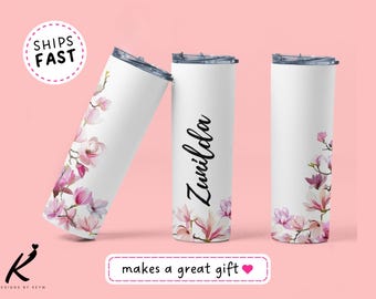 Custom Name Tumbler Pink Magnolia Flowers, Personalized Floral Travel Mug, Elegant Watercolor Birthday Gift for Her, Aesthetic Insulated Cup