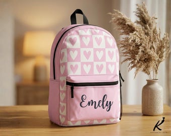 Custom Name Backpack Pink Hearts Checkerboard, Personalized Aesthetic School Bag for Teens, Cute Monogram Gift for Her, Trendy Bookbag