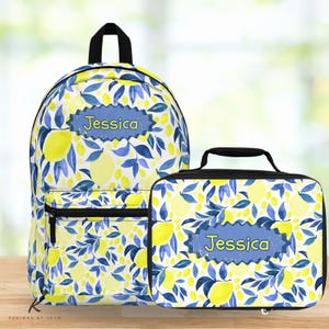 Custom backpack for girls, Lemon print Backpack, Toddler backpack personalized, backpack for kids, Custom Insulated LunchBag, Cute backpack