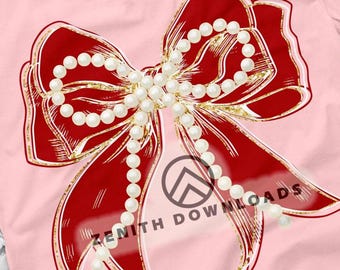 Trendy Popular Love Preppy Coquette Bow PNG Clipart Valentine's Day Pearl Ribbon Red Gold Glitter Lover Design Digital Download