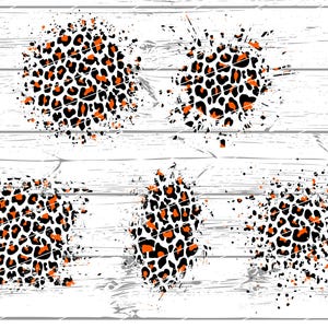 May include: Five digital graphics of orange and black leopard print in a splatter effect on a white background.