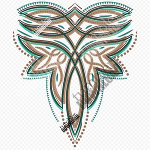 Pode incluir: Design digital abstrato com um padrão simétrico em tons de verde-azulado, castanho e creme. O design tem uma forma floral ou foliar com linhas intrincadas e bordas pontilhadas, adequado para design de tecidos ou superfícies.
