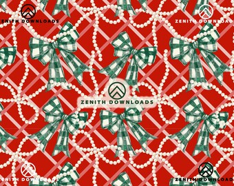 Coquette Bows Seamless Pattern, Green Red Pearl Digital Paper (PNG File)