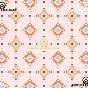 May include: A repeating pattern featuring geometric shapes in shades of orange, brown, and light blue on a pale pink background. The design includes diamond and arrow-like elements, creating a symmetrical, textured look. The text "ZENITH DOWNLOADS" is visible.