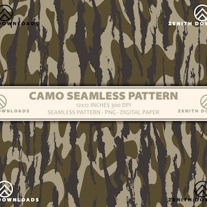 Puede incluir: Un patrón de camuflaje digital sin costuras en tonos verde oliva, marrón y beige. El diseño presenta formas verticales irregulares que se asemejan a pinceladas. El texto "CAMO SEAMLESS PATTERN" se muestra en una pancarta color crema. El patrón es de 30,48 cm x 30,48 cm.
