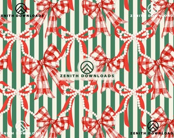 Coquette Bows Seamless Pattern, Green Red Pearl Digital Paper (PNG File)