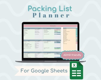May include: A laptop screen displaying a Google Sheets spreadsheet titled "Packing Plan" with a list of items to pack for a trip. The spreadsheet is labeled "ADHD friendly" and is designed for Google Sheets. The image also includes a green Excel icon.