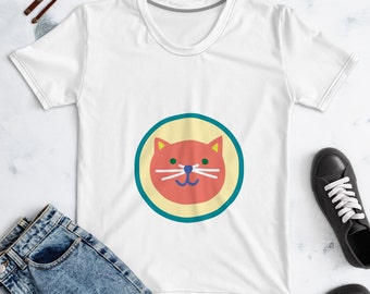 Cartoon Cat T-Shirt, Simple Graphic Tee, Woman's Fashion