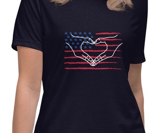 American Flag Shirt, Heart Hands Shirt, Love America Shirt, USA Shirt, Patriotic Shirt, America First Flag Women's Relaxed T-Shirt