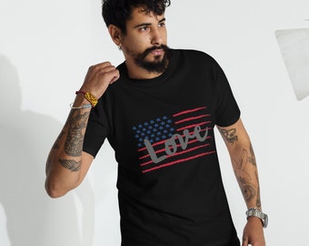 Camisa de la bandera de América, camisa de los hombres del amor, personalización disponible, camisa de EE.UU., camiseta de peso pesado premium de los hombres de la bandera americana