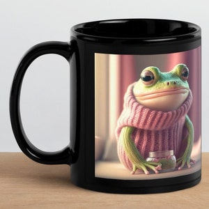Frog Coffee Cup, True Love, Cute Frog, Personalize this Black Glossy Mug
