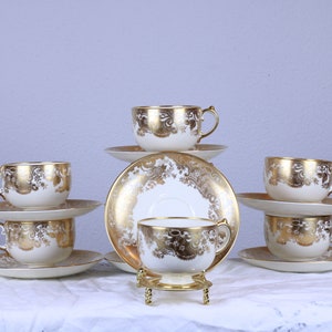 Vintage Grosvenor China Tea Cups & Saucers (Set of 8): Gold Gilt Floral English Porcelain