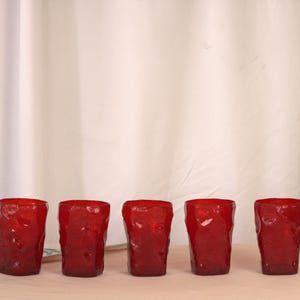 Vintage Red Juice Glasses Christmas Decor Morgantown Ruby Red Crinkle Glass Tumblers - 5 Pc Set, 8oz, 4” Seneca Driftwood Flat Design