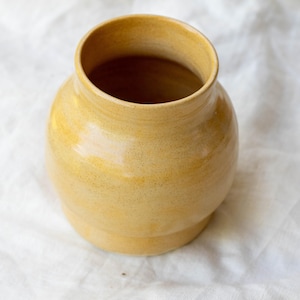 May include: A handcrafted, yellow ceramic vase with a rounded body and a cylindrical opening. The vase has a speckled texture and a warm, earthy tone, perfect for displaying flowers or as a decorative piece.