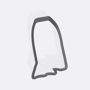 May include: A gray ghost-shaped cookie cutter. The cutter has a simple outline with a rounded top and a wavy bottom edge. The design is suitable for Halloween-themed baking and crafting projects.