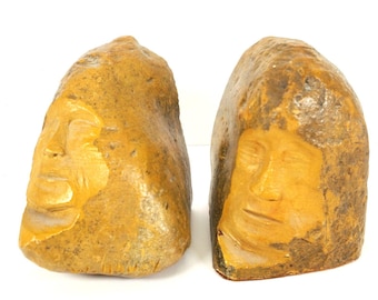 Vintage Hand Carved Stone Face Bookends Signed Mid Century Modern Brutalist