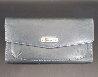 Vintage Fossil Black Leather Wallet Classic Snap Closure Organizer