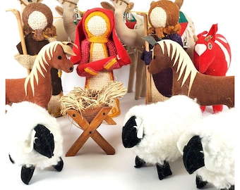 Vintage Felted Nativity Set 13 Pc Burlap Material Sheep Camels