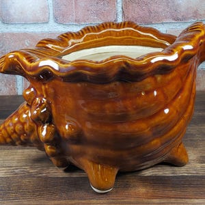May include: A brown ceramic planter shaped like a seashell with a textured surface. The planter has a wide opening and a pointed end.