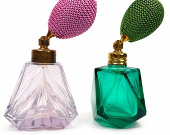 Vintage Austria Glass Perfume Atomizer Bottles Purple Green Vanity Set