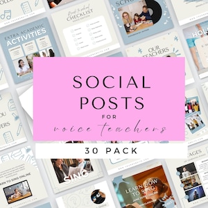 Op de afbeelding: Een roze rechthoek met de tekst "SOCIAL POSTS FOR voice teachers 30 PACK" in zwarte tekst. De afbeelding is een collage van 10 verschillende social media berichten voor zangdocenten. De berichten bevatten afbeeldingen van kinderen en volwassenen die zingen, muziek maken en leren over muziek. De berichten bevatten ook tekst over zangles, online zingen en muziekonderwijs.