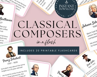 May include: A set of 20 printable flashcards featuring famous classical composers. Each card includes a portrait of the composer, their name, and their years of life. The cards are designed in a pink and white color scheme with a whimsical font.