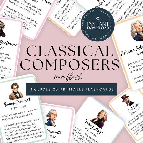 Piano Composers Flashcards | Music Teacher | Instant Digital Download | Learn Piano Lessons | Learning Through Play | Classical Music