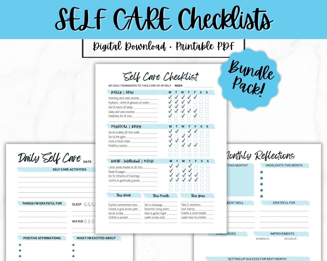 Self Care Checklist Printable Bundle Self Care Journal and Wellness ...