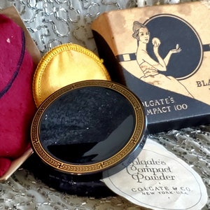 Vintage Antique Art Deco Colgate&#39;s Compact 100 Black Box All Original Powder Puff Packaging UNUSED