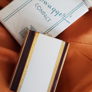 Vintage Art Deco Enameled Swagger Marly Vanity Compact w. Original Powder/Puff, Rouge/Puff & Box