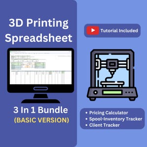 Może przedstawiać: Ekran komputera wyświetlający arkusz kalkulacyjny z tytułem "3D Printing Spreadsheet". Arkusz kalkulacyjny jest podzielony na trzy sekcje: Kalkulator cen, Śledzenie zapasów szpul i Śledzenie klientów. Po prawej stronie obrazu widoczna jest ikona drukarki 3D. Tekst "3 In 1 Bundle (BASIC VERSION)" jest wyświetlany pod ekranem komputera.