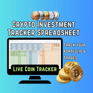 Puede incluir: Una pantalla de ordenador que muestra una hoja de cálculo con el texto "Live Coin Tracker" y el título "Crypto Investment Tracker Spreadsheet". La hoja de cálculo se utiliza para realizar un seguimiento de las inversiones en criptomonedas. La imagen también incluye monedas de oro con el símbolo de Bitcoin.