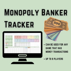 K&ouml;nnte beinhalten: Ein Computerbildschirm zeigt eine Tabellenkalkulation mit dem Titel "MONOPOLY BANKER TRACKER". Die Tabellenkalkulation ist so konzipiert, dass sie Geldtransaktionen f&uuml;r bis zu 8 Spieler verfolgt. Im oberen rechten Eck des Bildes ist ein Stapel Monopoly-Geldes zu sehen.