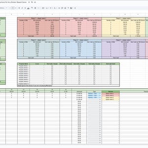 K&ouml;nnte beinhalten: Eine Tabellenkalkulation mit einem gr&uuml;nen, gelben und blauen Farbschema. Die Tabellenkalkulation tr&auml;gt den Titel "Game Money Tracker Spreadsheet Manager - Cash & Transactions for Any Brick Based Board Game". Die Tabellenkalkulation enth&auml;lt Spalten f&uuml;r "Number of Dice", "Dice Rolled", "Cash Lost on Dice", "Number of Properties", "Properties Owned", "Rent 1 with 0 Houses", "Rent 1 with 1 House", "Rent 1 with 2 Houses", "Rent 1 with 3 Houses", "Rent 1 with 4 Houses", "Rent 1 with a Hotel", "Total Cash", "Transactions Notes", und "Total Cash".