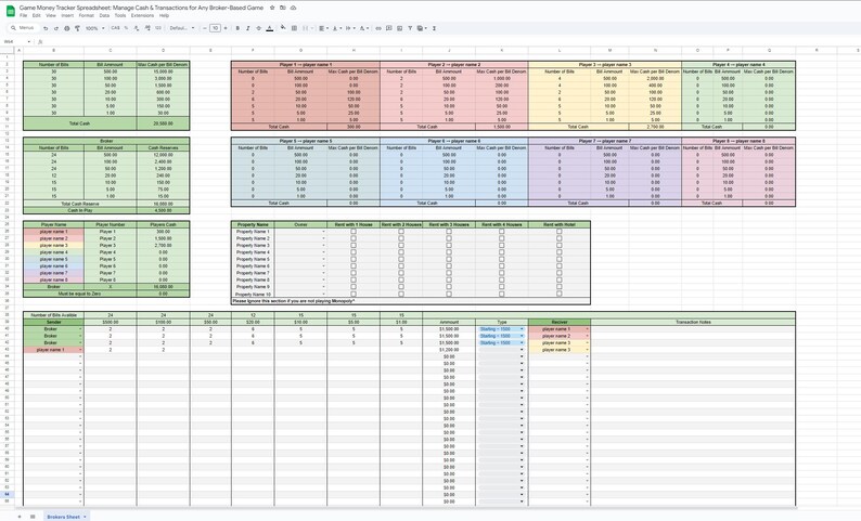 K&ouml;nnte beinhalten: Eine Tabellenkalkulation mit einem gr&uuml;nen, gelben und blauen Farbschema. Die Tabellenkalkulation tr&auml;gt den Titel "Game Money Tracker Spreadsheet Manager - Cash & Transactions for Any Brick Based Board Game". Die Tabellenkalkulation enth&auml;lt Spalten f&uuml;r "Number of Dice", "Dice Rolled", "Cash Lost on Dice", "Number of Properties", "Properties Owned", "Rent 1 with 0 Houses", "Rent 1 with 1 House", "Rent 1 with 2 Houses", "Rent 1 with 3 Houses", "Rent 1 with 4 Houses", "Rent 1 with a Hotel", "Total Cash", "Transactions Notes", und "Total Cash".