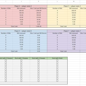 K&ouml;nnte beinhalten: Eine Tabelle mit einem gr&uuml;nen, gelben, blauen und rosa Farbschema. Die Tabelle ist in vier Spalten unterteilt, die jeweils einen anderen Spieler repr&auml;sentieren. Jede Spalte hat einen Abschnitt f&uuml;r die Anzahl der Scheine, den Scheinbetrag und den maximalen Bargeldbetrag pro Schein. Die Tabelle enth&auml;lt auch einen Abschnitt f&uuml;r die Namen der Immobilien, den Eigent&uuml;mer, die Miete mit 1 Haus, die Miete mit 2 H&auml;usern, die Miete mit 3 H&auml;usern, die Miete mit 4 H&auml;usern und die Miete mit einem Hotel.