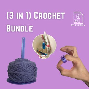 May include: A 3-in-1 crochet bundle includes a yarn bowl, a yarn holder, and a stitch marker ring. The yarn bowl is white and has a blue and white yarn holder inside. The yarn holder is a blue and white striped stick. The yarn bowl is filled with colourful crochet hooks. The yarn holder is a purple ring with a smiley face on it. The stitch marker ring is purple and has a smiley face on it. The text "(3 IN 1) CROCHET BUNDLE" is at the top of the image. The text "STL FILE ONLY" is at the bottom of the image.