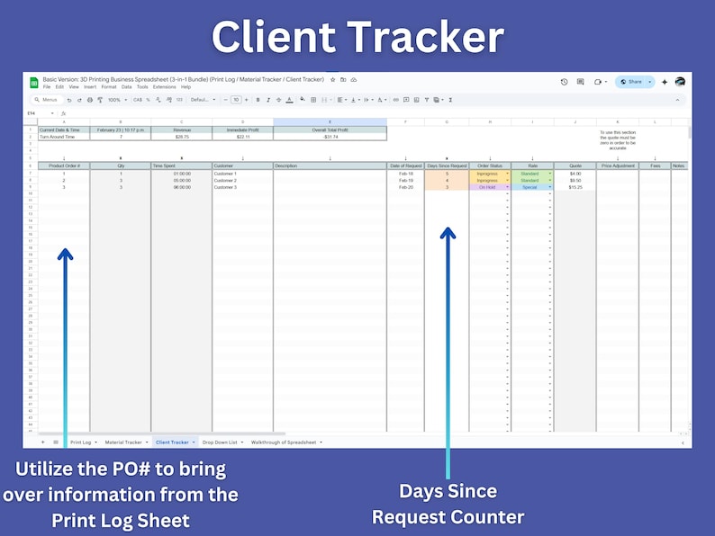 May include: A screenshot of a Google Sheet spreadsheet titled "Client Tracker". The spreadsheet is divided into columns with headings such as "Product Order #", "Qty", "Time Stamp", "Customer", "Description", "Date of Request", "Total Hours Requested", "Days Since Request Counter", and more. The spreadsheet is used to track client orders and requests.