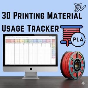 May include: A desktop computer displays a 3D printing material usage tracker spreadsheet. A red PLA filament spool sits next to the computer. The image includes the text "3D Printing Material Usage Tracker".