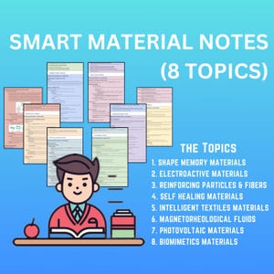 Peut inclure: Une illustration de dessin animé d'un élève étudiant des notes sur les matériaux intelligents. Les notes sont divisées en huit sujets : matériaux à mémoire de forme, matériaux électroactifs, particules et fibres de renforcement, matériaux auto-cicatrisants, matériaux textiles intelligents, fluides magnéto-rhéologiques, matériaux photovoltaïques et matériaux biomimétiques.