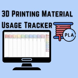 Könnte beinhalten: Ein Computermonitor zeigt eine Tabellenkalkulation mit dem Titel "3D Printing Material Usage Tracker". Rechts im Bild ist eine Spule mit rotem Filament mit dem Wort "PLA" zu sehen.