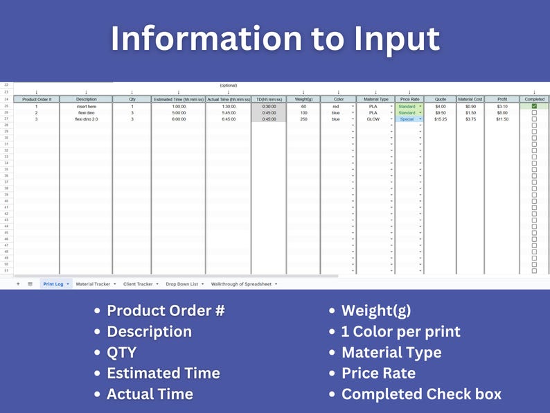 May include: A spreadsheet with a list of product orders, descriptions, quantities, estimated and actual times, weights, colors, material types, price rates, material costs, profits, and a completed checkbox.