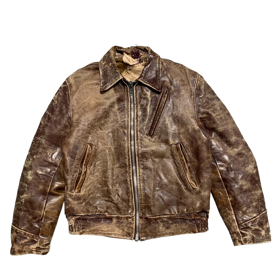 1950s〜60s single leather jacket Vintage 50s 60s Leather Jacket Biker Motorcycle 1950 1960